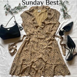 Sunday Best tan and black  leopard print, V-Neck wrap mini dress